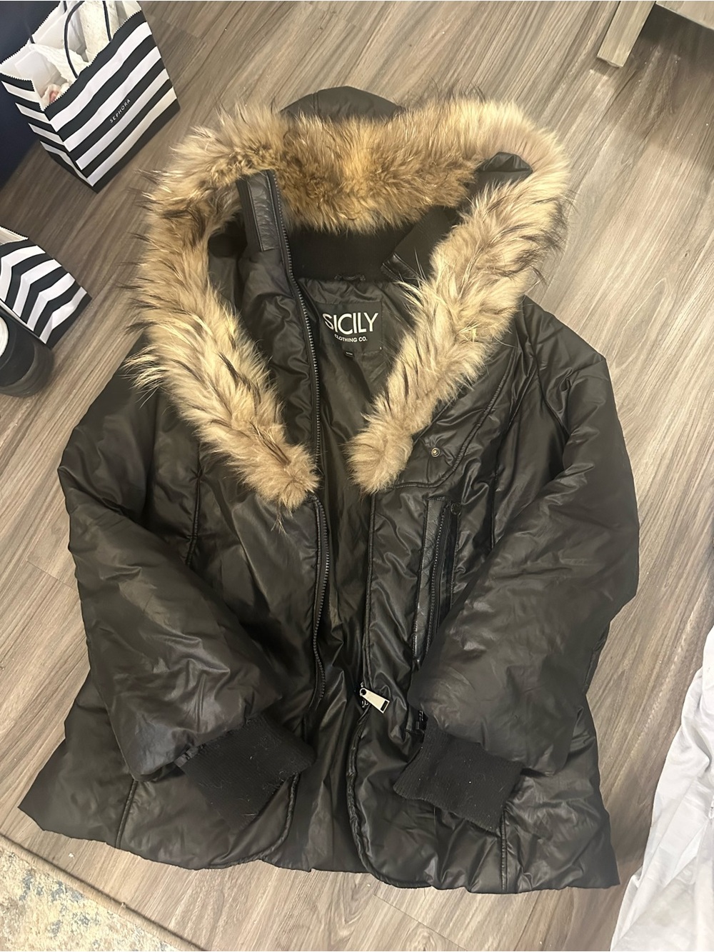 Sicily Black Puffer Coat with Fur Hood